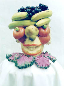 Food sculpture portrait, mixed fruits and vegies