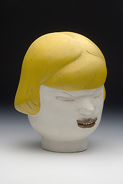 painted wood sculpture, girl's head