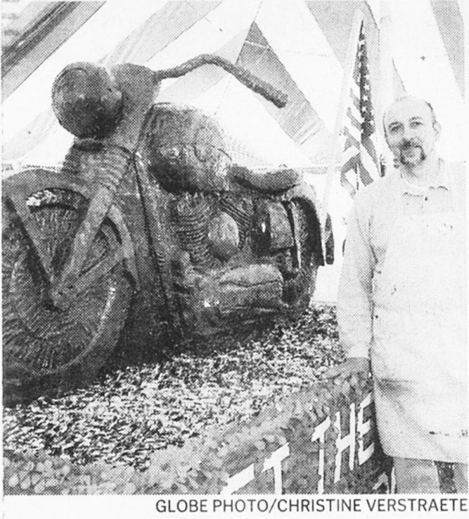 Jim Victor with Harley Davidson he carved out of chocolate.